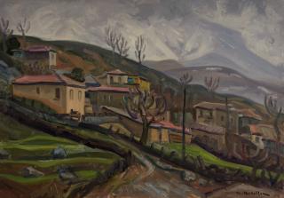 Kastania, View with Rain — Oil painting, Canvas, 46.00×65.00cm — Theodoros Markellos